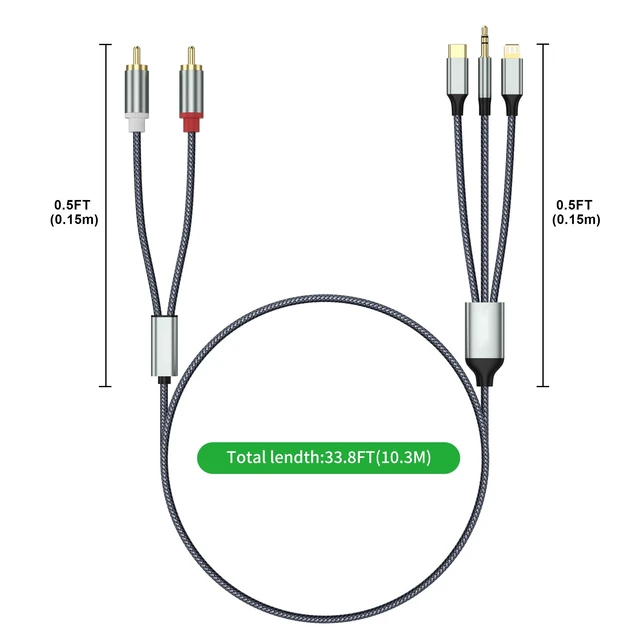 Alt view image 5 of 6 - 3 in 1 Lightning USB C 3.5mm to 2 RCA Audio Cable for Car Amplifier Suitable for amplifiers, smartphones, cars, home theaters, speakers, etc. (Lightning Compatible)(33.8FT/10.3 meters)