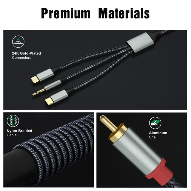 Alt view image 4 of 6 - 3 in 1 Lightning USB C 3.5mm to 2 RCA Audio Cable for Car Amplifier Suitable for amplifiers, smartphones, cars, home theaters, speakers, etc. (Lightning Compatible)(33.8FT/10.3 meters)