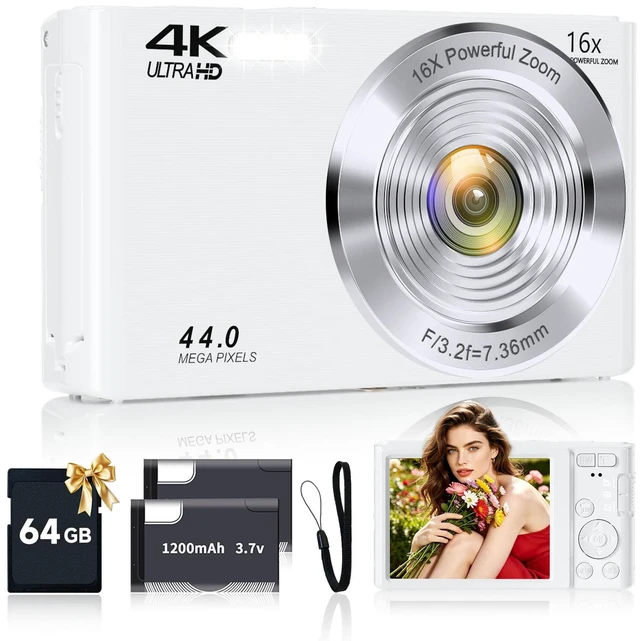 Main image of Digital Camera for Teens, 4K 44MP FHD 16x Zoom Point Shoot Camera 64GB Card Autofocus, Fill Light, Webcam Mode, Continuous Shooting, Time-Lapse, Filters, Easy Operation, Ideal for Beginners Kids