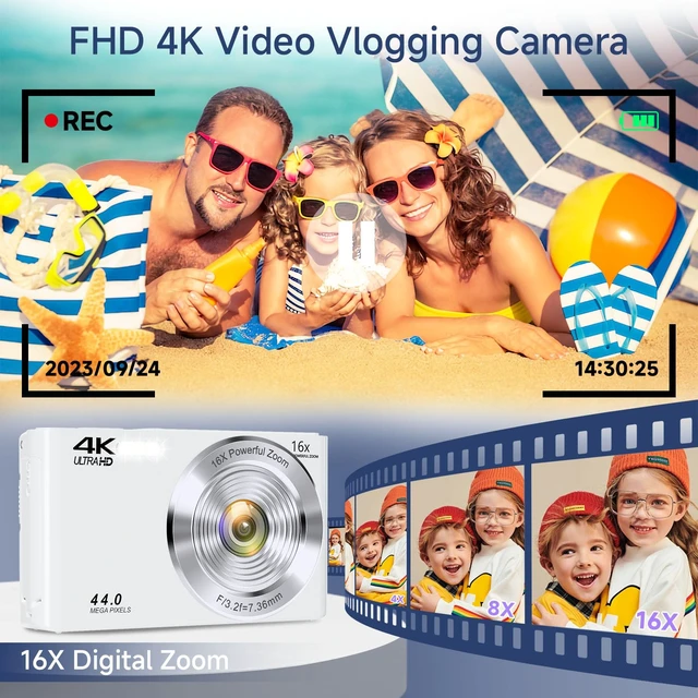 Alt view image 2 of 7 - Digital Camera for Teens, 4K 44MP FHD 16x Zoom Point Shoot Camera 64GB Card Autofocus, Fill Light, Webcam Mode, Continuous Shooting, Time-Lapse, Filters, Easy Operation, Ideal for Beginners Kids