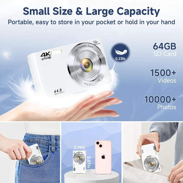 Alt view image 6 of 7 - Digital Camera for Teens, 4K 44MP FHD 16x Zoom Point Shoot Camera 64GB Card Autofocus, Fill Light, Webcam Mode, Continuous Shooting, Time-Lapse, Filters, Easy Operation, Ideal for Beginners Kids