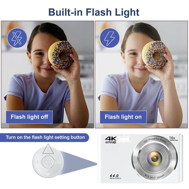 Alt view image 7 of 7 - Digital Camera for Teens, 4K 44MP FHD 16x Zoom Point Shoot Camera 64GB Card Autofocus, Fill Light, Webcam Mode, Continuous Shooting, Time-Lapse, Filters, Easy Operation, Ideal for Beginners Kids