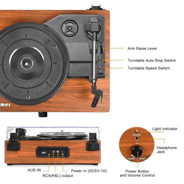 Alt view image 6 of 7 - Vinyl Record Player Wireless Turntable with Upgraded Speakers &USB Bluetooth Input Headphone Jack RCA Output Auto Stop Belt-Driven 3 Speed Vintage Phonograph for Entertainment and Home Decor