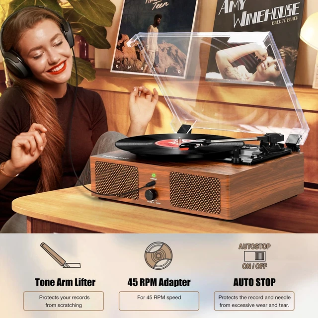 Alt view image 7 of 7 - Vinyl Record Player Wireless Turntable with Upgraded Speakers &USB Bluetooth Input Headphone Jack RCA Output Auto Stop Belt-Driven 3 Speed Vintage Phonograph for Entertainment and Home Decor
