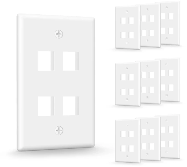Main image of 4-Port Keystone Wall Plate (UL Listed), White 10-Pack UL Listed for Safety, Designed for RJ45/HDMI/Coax Keystone Jack, Low Profile Wall Plate