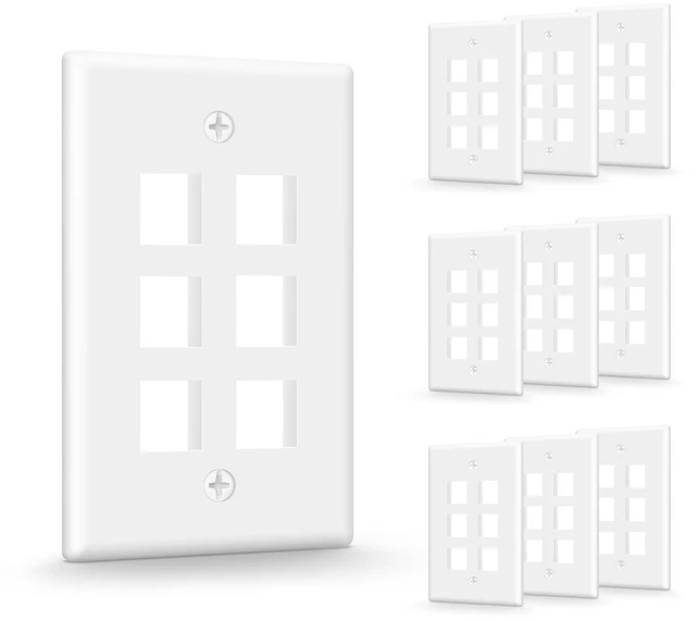 Main image of 6-Port Keystone Wall Plate (UL Listed), White 10-Pack UL Listed for Safety, Designed for RJ45/HDMI/Coax Keystone Jack, Low Profile Wall Plate