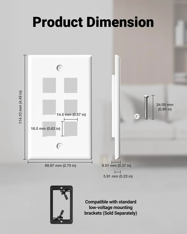 Alt view image 7 of 7 - 6-Port Keystone Wall Plate (UL Listed), White 10-Pack UL Listed for Safety, Designed for RJ45/HDMI/Coax Keystone Jack, Low Profile Wall Plate
