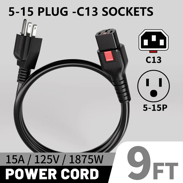 Alt view image 2 of 7 - Universal 9FT(2.75m) Power Cord 3 Prong C13 with Lock, Black Suitable for Electronics Computer, Monitor, Instant Pot, Treadmill, Copier, TV, Samsung, Dell, 14AWG 15A 125V 1875W
