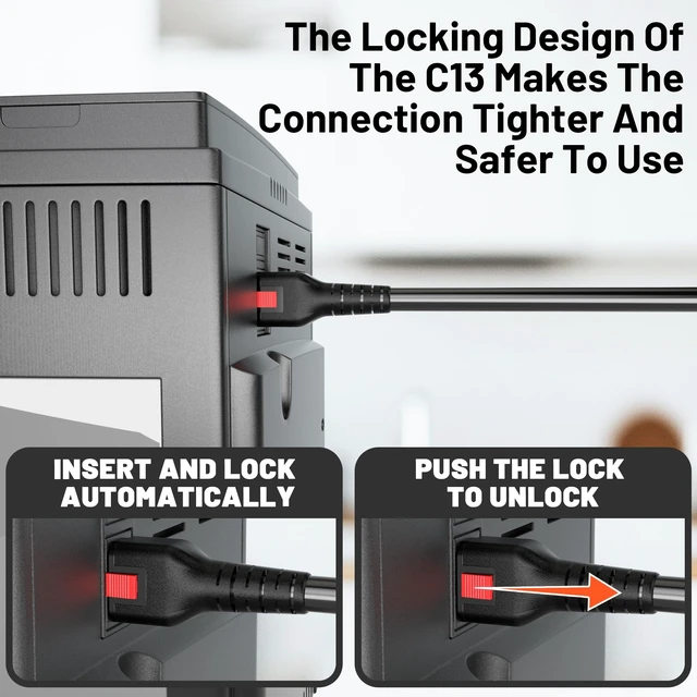 Alt view image 5 of 7 - Universal 9FT(2.75m) Power Cord 3 Prong C13 with Lock, Black Suitable for Electronics Computer, Monitor, Instant Pot, Treadmill, Copier, TV, Samsung, Dell, 14AWG 15A 125V 1875W