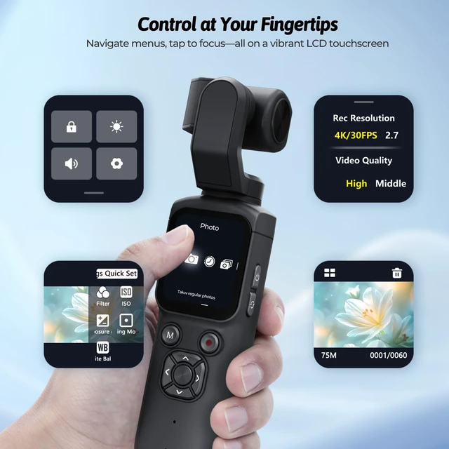 Alt view image 5 of 7 - 4K Vlogging Camera with 330° Gimbal Lens & 75MP Photo, WiFi Pocket Camera Compact Vlog Camera for Beginners, 330 Degree Rotating Lens, Content Creator Kit with Tripod & 16GB Card