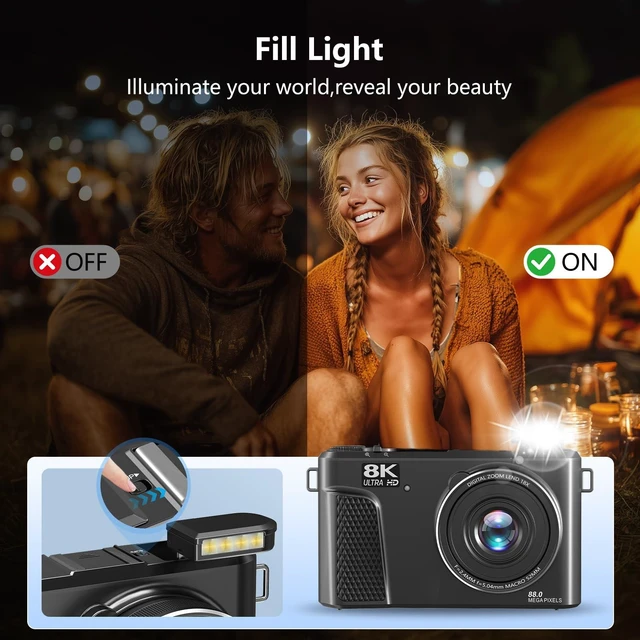 Alt view image 7 of 7 - 8K Digital Camera for Photography, Vlogging Camera for YouTube with WiFi 88MP HD Camera 3" 180° Flip Screen, Fill Light, Filters, Beauty & 32GB SD Card & 2 Batteries (Gunmetal)
