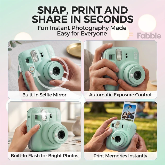 Alt view image 3 of 7 - INSTAX MINI 13 Instant Film Camera Lagoon Green Bundle with Caiul Groovy Case, INSTAX Mini Twin Pack Film 20 Exposures, Automatic Exposure, Close-Up Mode, Selfie Mirror