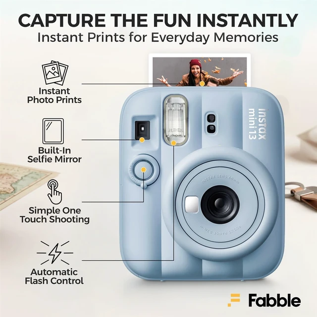 Alt view image 4 of 7 - Instax Mini 13 Instant Film Camera Frost Blue Bundle with Groovy Case, Instax Mini Twin Pack Film 20 Exposures, Automatic Exposure, Close-Up Mode, Selfie Mirror