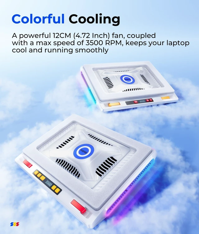 Alt view image 2 of 6 - V10 Gaming Laptop Cooler, RGB Laptop Cooling Pad Stand with Powerful 4.72 Inch External Turbo Cooling Fan, Fast Cooling Computer 13-17.3inch, 3 Adjustable Stand, 4-Port USB C&A (White)