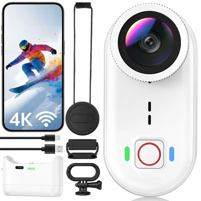 Main image of 4K Waterproof Mini Action Camera, 64GB WiFi POV Video Wearable Body Camera Magnetic Pendant, Clip Mount, Charging Base, Hands-free POV Recording for Motorcycle, Hiking and Sports