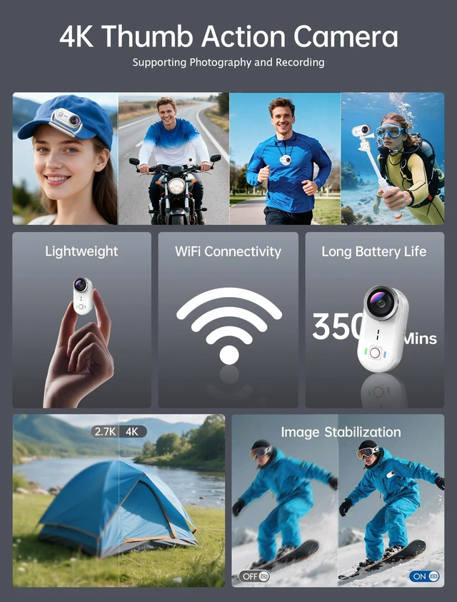 Alt view image 3 of 6 - 4K Waterproof Mini Action Camera, 64GB WiFi POV Video Wearable Body Camera Magnetic Pendant, Clip Mount, Charging Base, Hands-free POV Recording for Motorcycle, Hiking and Sports