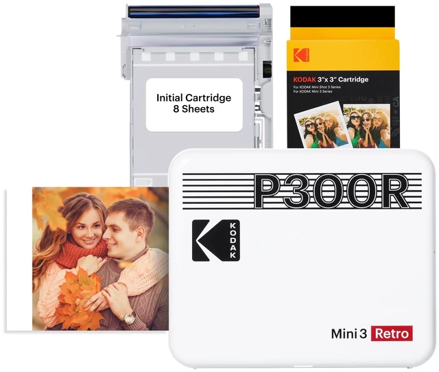 Main image of Mini 3 Retro 3x3 Portable Photo Printer, 4PASS, 38 Sheets, White Bluetooth, iPhone & Android Smartphone Compatible, Smudge-Proof, Water-Resistant, Fade-Resistant