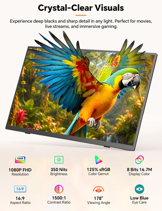 Alt view image 2 of 7 - Travel Portable Monitor with Stand, w/Magnetic Stand & Speaker 15.6" 1080P 125% sRGB USB-C HDMI HDR External Display, 2nd Screen for Laptop MacBook Computer Phone Tablet Switch PS5 Xbox