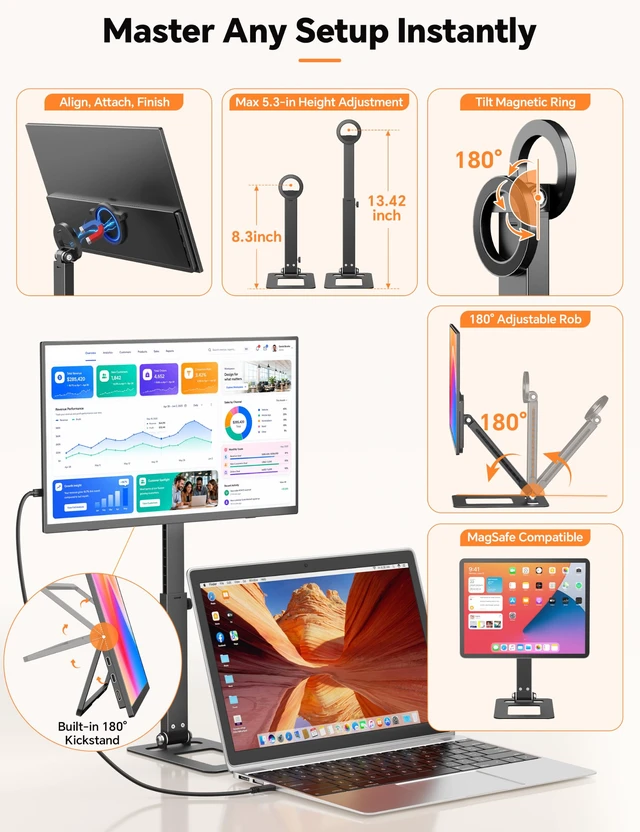 Alt view image 4 of 7 - Travel Portable Monitor with Stand, w/Magnetic Stand & Speaker 15.6" 1080P 125% sRGB USB-C HDMI HDR External Display, 2nd Screen for Laptop MacBook Computer Phone Tablet Switch PS5 Xbox