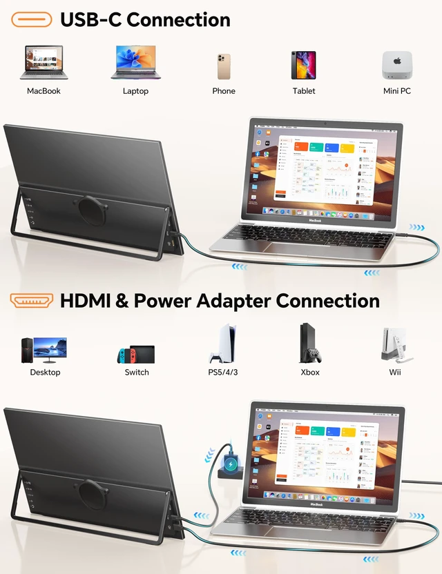 Alt view image 5 of 7 - Travel Portable Monitor with Stand, w/Magnetic Stand & Speaker 15.6" 1080P 125% sRGB USB-C HDMI HDR External Display, 2nd Screen for Laptop MacBook Computer Phone Tablet Switch PS5 Xbox