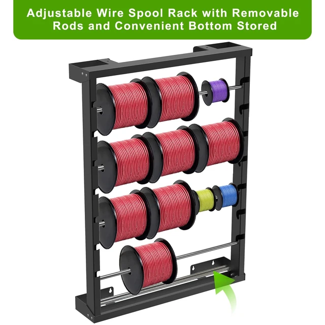 Alt view image 3 of 7 - Wall Mount Wire Spool Rack, Cable Dispenser with 6 Adjustable Rods Heavy Duty Steel Cable Reel Holder, Wire Rack for Industrial, Electrical, and Retail Storage and Display (Black)