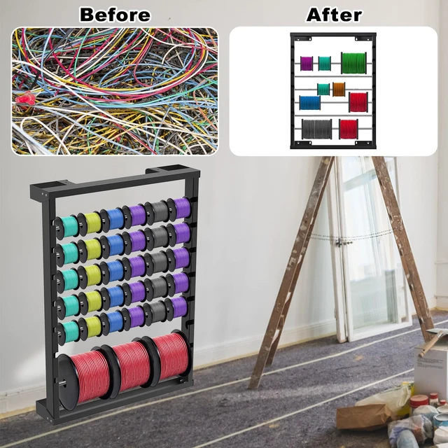 Alt view image 5 of 7 - Wall Mount Wire Spool Rack, Cable Dispenser with 6 Adjustable Rods Heavy Duty Steel Cable Reel Holder, Wire Rack for Industrial, Electrical, and Retail Storage and Display (Black)