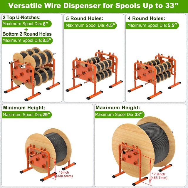 Alt view image 2 of 7 - Heavy-Duty Adjustable Wire Dispenser, Welded Steel Wire Spool Rack Orange Portable Cable Caddy for Spools Up to 33" in Diameter, Height adjustable, Supports up to 800 lbs