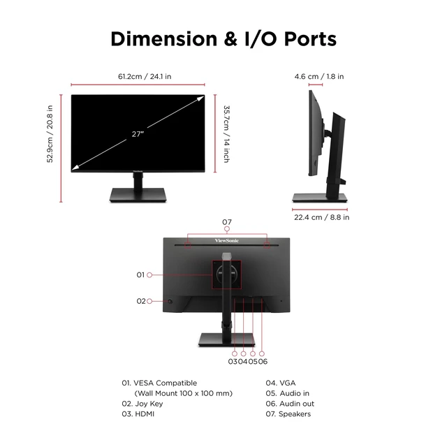 Alt view image 7 of 7 - VA2748-MHJ 27 Inch Full HD Computer Monitor, IPS 120Hz Display Height Adjustable Stand, HDMI, VGA, Eye Care, Frameless, Home Office, Laptop, PC, Mac, Anti Glare, 1ms, 300 Nits, Pivot Tilt