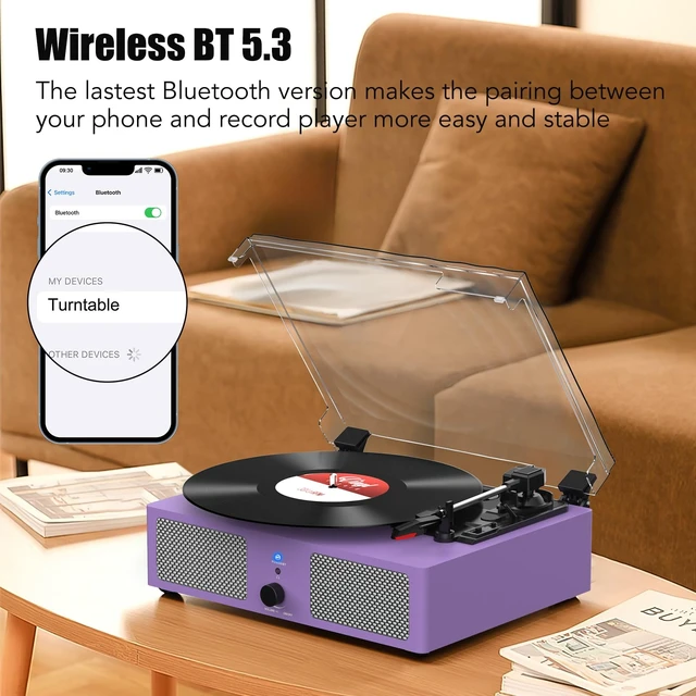 Alt view image 2 of 7 - Vinyl Record Player Wireless Turntable with Speakers & USB, Purple Bluetooth Input Headphone Jack RCA Output Auto Stop Belt-Driven 3 Speed Vintage Phonograph for Entertainment and Home Decor