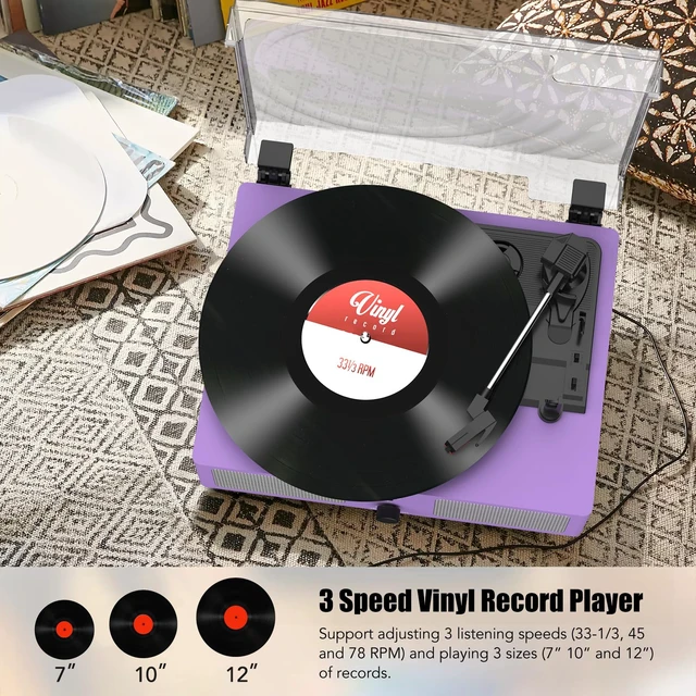 Alt view image 4 of 7 - Vinyl Record Player Wireless Turntable with Speakers & USB, Purple Bluetooth Input Headphone Jack RCA Output Auto Stop Belt-Driven 3 Speed Vintage Phonograph for Entertainment and Home Decor