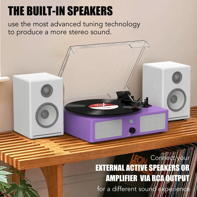 Alt view image 3 of 7 - Vinyl Record Player Wireless Turntable with Speakers & USB, Purple Bluetooth Input Headphone Jack RCA Output Auto Stop Belt-Driven 3 Speed Vintage Phonograph for Entertainment and Home Decor