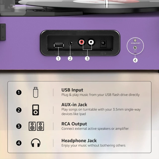 Alt view image 5 of 7 - Vinyl Record Player Wireless Turntable with Speakers & USB, Purple Bluetooth Input Headphone Jack RCA Output Auto Stop Belt-Driven 3 Speed Vintage Phonograph for Entertainment and Home Decor