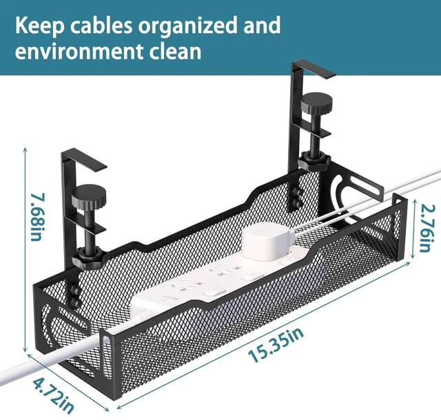 Alt view image 2 of 7 - Under Desk Cable Management Tray, No Drill Mesh Cable Tray Cord Organizer Wire Management Tray Cable Management Rack, Cable Management Box (Black)