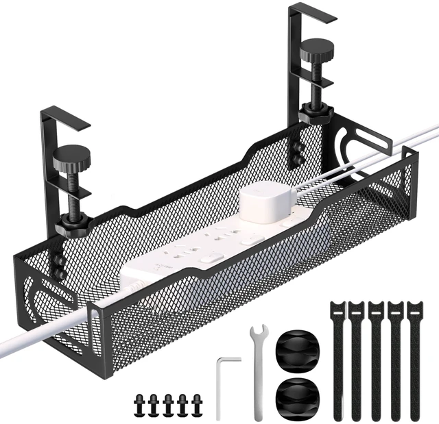 Main image of Under Desk Cable Management Tray, No Drill Mesh Cable Tray Cord Organizer Wire Management Tray Cable Management Rack, Cable Management Box (Black)