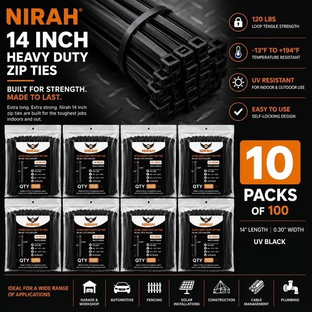 Alt view image 3 of 7 - 14 inch Black Zip Ties, 120 LB Tensile Strength 1000 Pack, PA66 Nylon, Professional Grade Heavy Duty - UV Resistant Indoor and Outdoor Cable & Wire Management, Multi-Purpose Self-Locking Cable Ties