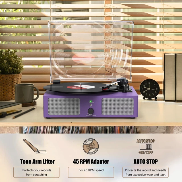 Alt view image 6 of 7 - Vinyl Record Player Wireless Turntable with Speakers & USB, Purple Bluetooth Input Headphone Jack RCA Output Auto Stop Belt-Driven 3 Speed Vintage Phonograph for Entertainment and Home Decor