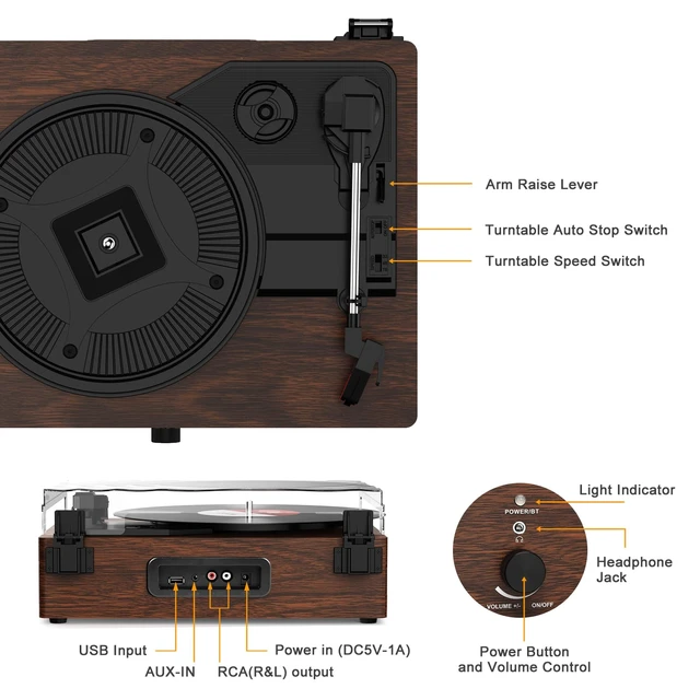 Alt view image 2 of 7 - Vinyl Record Player Wireless Turntable with Speakers & USB, Toffee Bluetooth Input Headphone Jack RCA Output Auto Stop Belt-Driven 3 Speed Vintage Phonograph for Entertainment and Home Decor