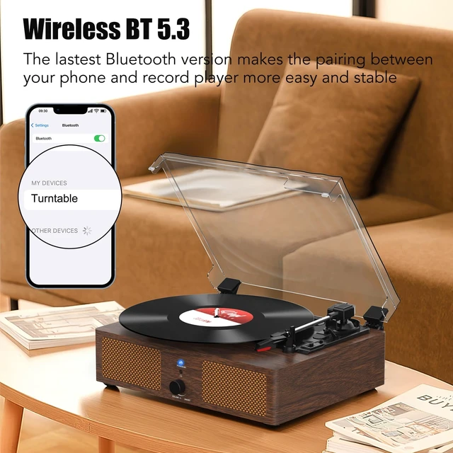 Alt view image 3 of 7 - Vinyl Record Player Wireless Turntable with Speakers & USB, Toffee Bluetooth Input Headphone Jack RCA Output Auto Stop Belt-Driven 3 Speed Vintage Phonograph for Entertainment and Home Decor