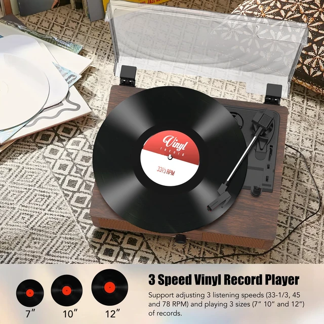 Alt view image 5 of 7 - Vinyl Record Player Wireless Turntable with Speakers & USB, Toffee Bluetooth Input Headphone Jack RCA Output Auto Stop Belt-Driven 3 Speed Vintage Phonograph for Entertainment and Home Decor