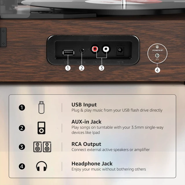 Alt view image 6 of 7 - Vinyl Record Player Wireless Turntable with Speakers & USB, Toffee Bluetooth Input Headphone Jack RCA Output Auto Stop Belt-Driven 3 Speed Vintage Phonograph for Entertainment and Home Decor
