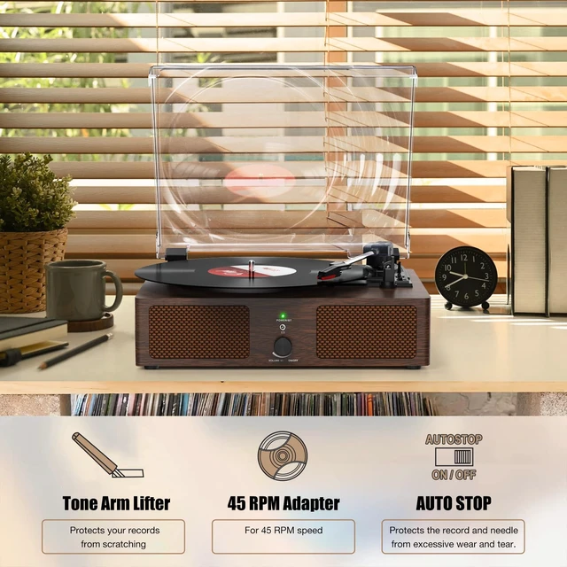 Alt view image 7 of 7 - Vinyl Record Player Wireless Turntable with Speakers & USB, Toffee Bluetooth Input Headphone Jack RCA Output Auto Stop Belt-Driven 3 Speed Vintage Phonograph for Entertainment and Home Decor