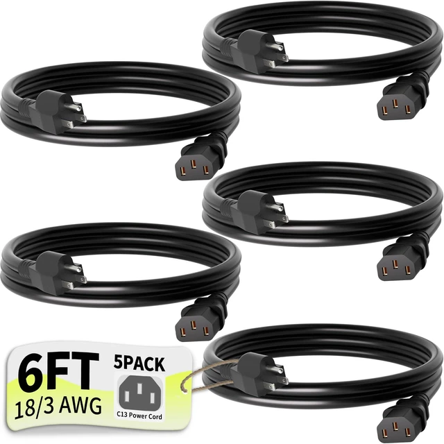 Main image of Universal 6ft 5 Pack Power Cord, 3-Prong Pure Copper ETL, Black 10 Amps 125 Volts NEMA 5-15P to C13 AC Cable for TV Monitor PC Printer PlayStation Samsung Dell HP Sony LG Apple Vizio Asus