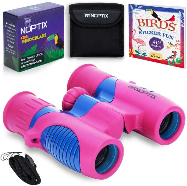 Main image of Binoculars for Kids, Girls or Boys Real Kids Binoculars in Vibrant Pink Blue - includes Sticker Book with 40 Bird Species - Kids Toys Small Binoculars, Toddler Binoculars