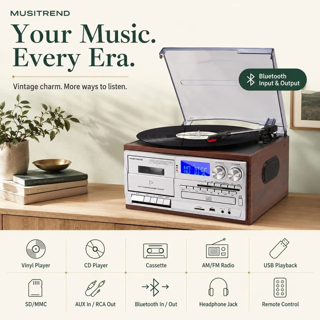 Alt view image 2 of 7 - 9 in 1 Vintage Record Player for Home with Two-Way Bluetooth, 3 Speed Turntable, CD & Cassette Player, AM FM Radio, USB SD Playback and Built-in Stereo Speakers