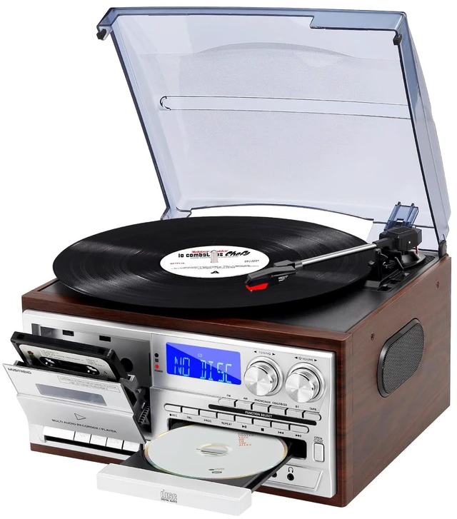Main image of 9 in 1 Vintage Record Player for Home with Two-Way Bluetooth, 3 Speed Turntable, CD & Cassette Player, AM FM Radio, USB SD Playback and Built-in Stereo Speakers