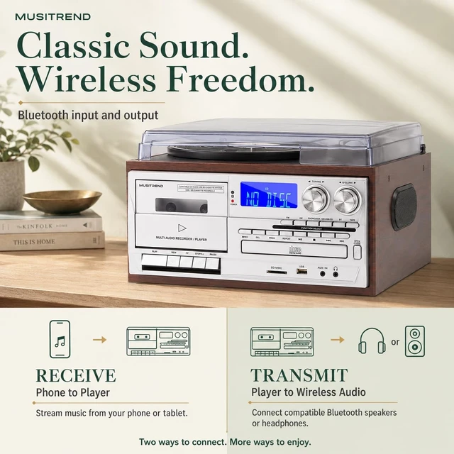 Alt view image 3 of 7 - 9 in 1 Vintage Record Player for Home with Two-Way Bluetooth, 3 Speed Turntable, CD & Cassette Player, AM FM Radio, USB SD Playback and Built-in Stereo Speakers