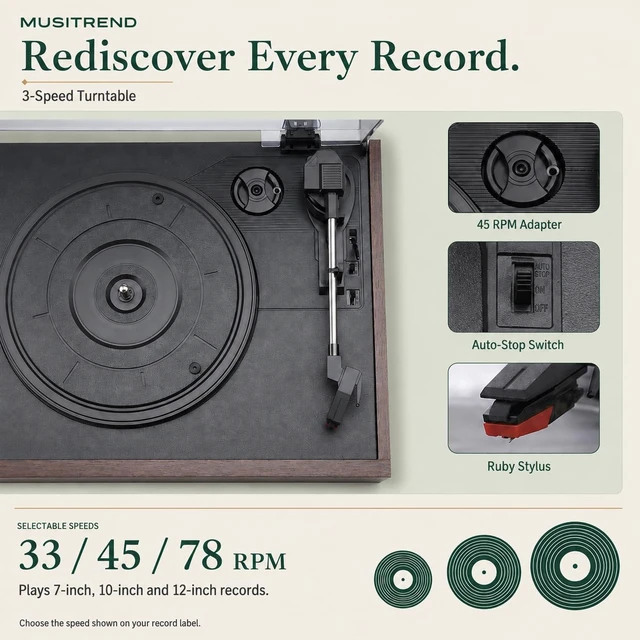 Alt view image 4 of 7 - 9 in 1 Vintage Record Player for Home with Two-Way Bluetooth, 3 Speed Turntable, CD & Cassette Player, AM FM Radio, USB SD Playback and Built-in Stereo Speakers