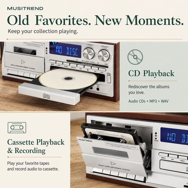 Alt view image 5 of 7 - 9 in 1 Vintage Record Player for Home with Two-Way Bluetooth, 3 Speed Turntable, CD & Cassette Player, AM FM Radio, USB SD Playback and Built-in Stereo Speakers