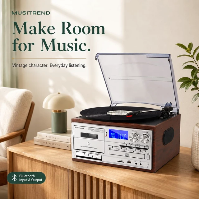 Alt view image 7 of 7 - 9 in 1 Vintage Record Player for Home with Two-Way Bluetooth, 3 Speed Turntable, CD & Cassette Player, AM FM Radio, USB SD Playback and Built-in Stereo Speakers