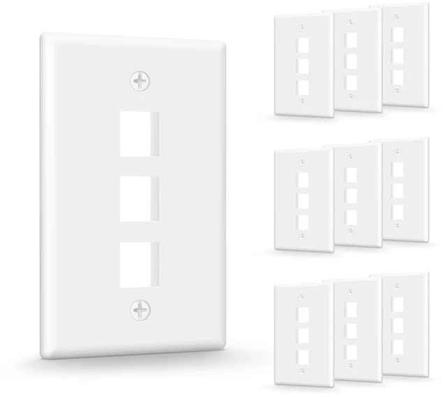 Main image of 3-Port Keystone Wall Plate (UL Listed), White 10-Pack UL Listed for Safety, Designed for RJ45/HDMI/Coax Keystone Jack, Low Profile Wall Plate
